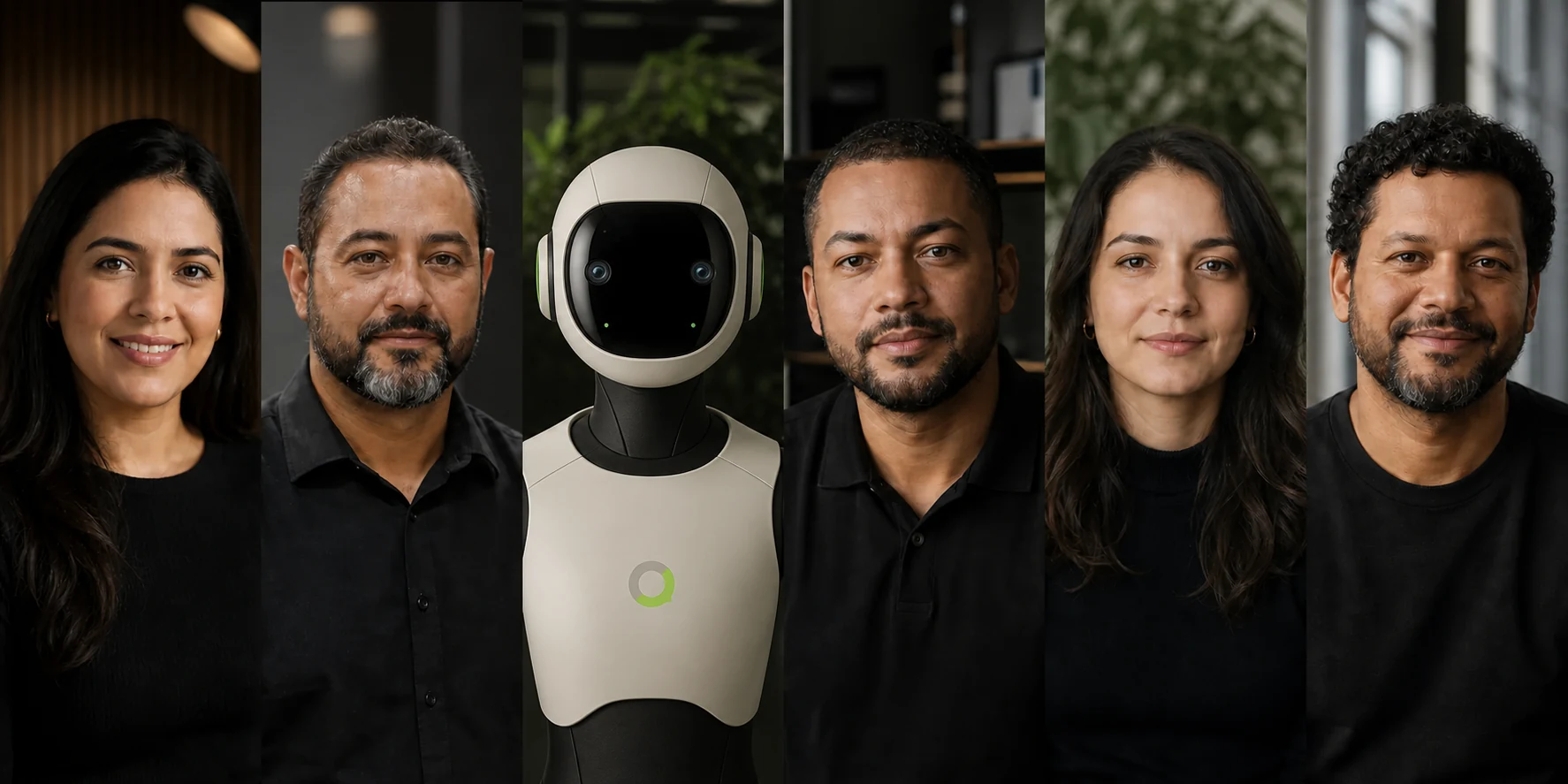 Cinco representações humanas e um robô representam agentes de IA configurados como funcionários digitais