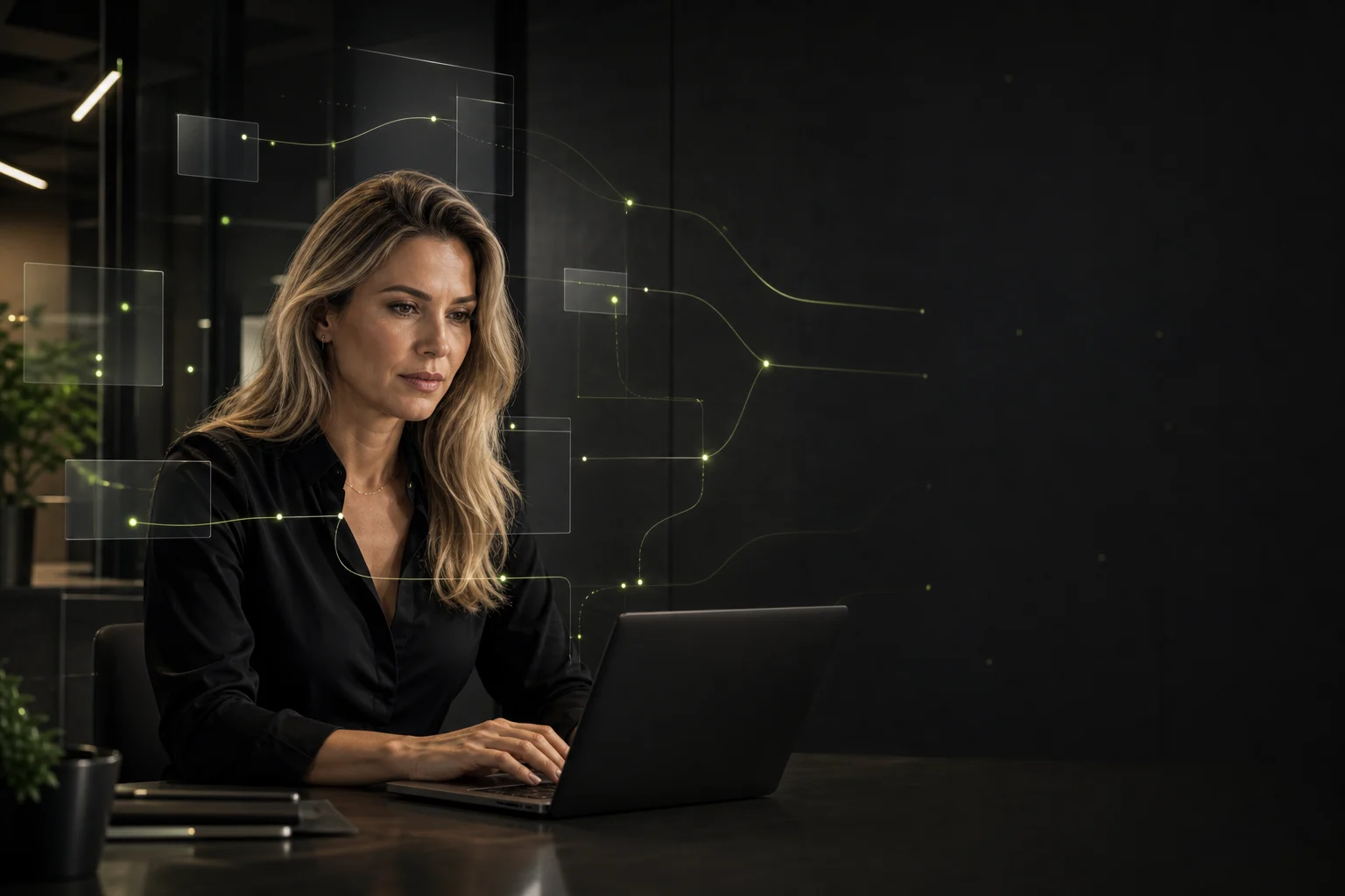 Profissional acompanhando sistemas conectados por uma rede digital verde