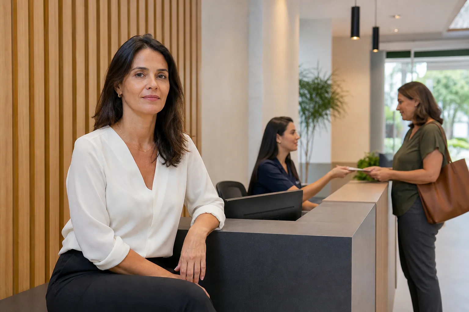 Gestora acompanhando a recepção de uma clínica