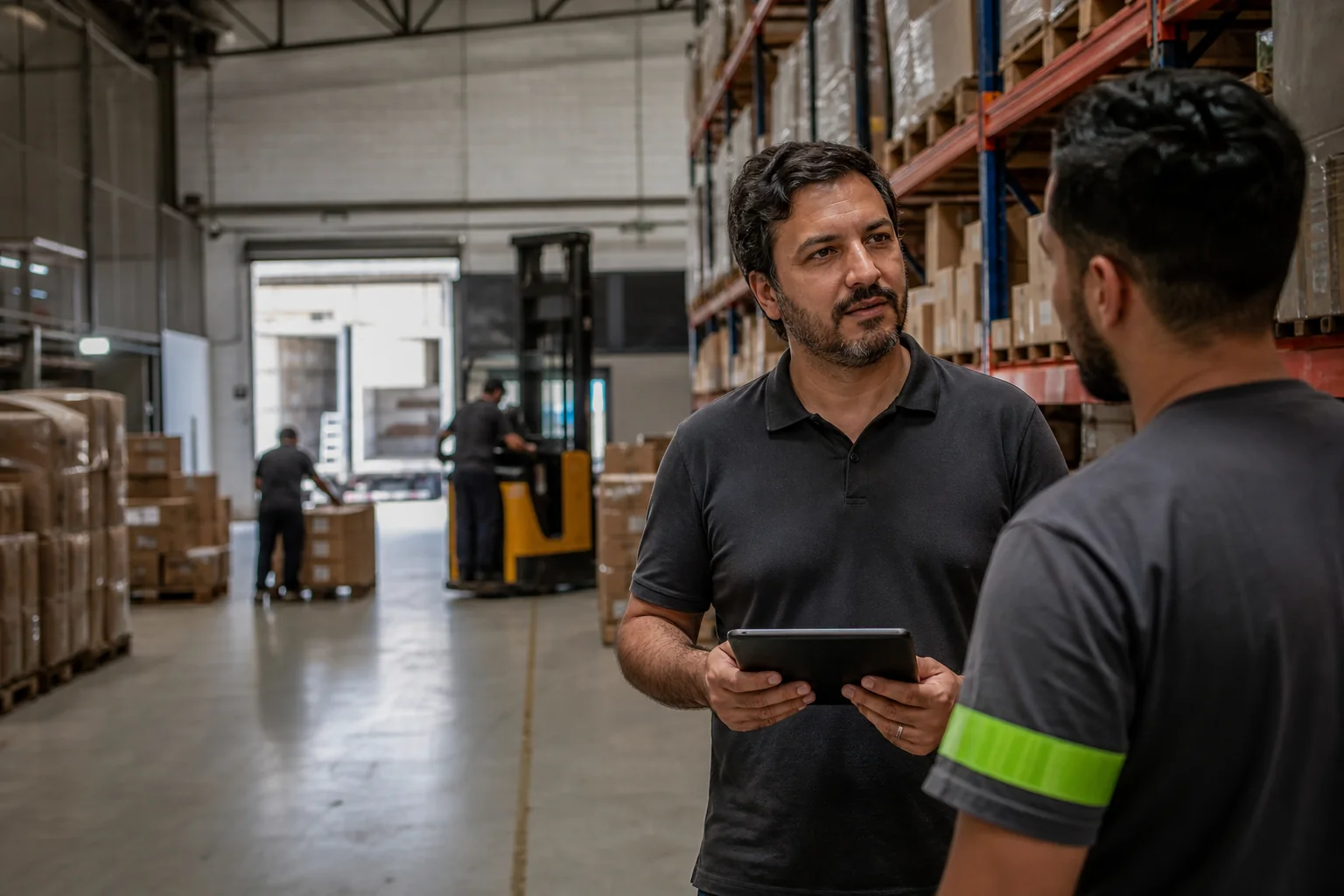 Gestor acompanhando pedidos em um centro de distribuição